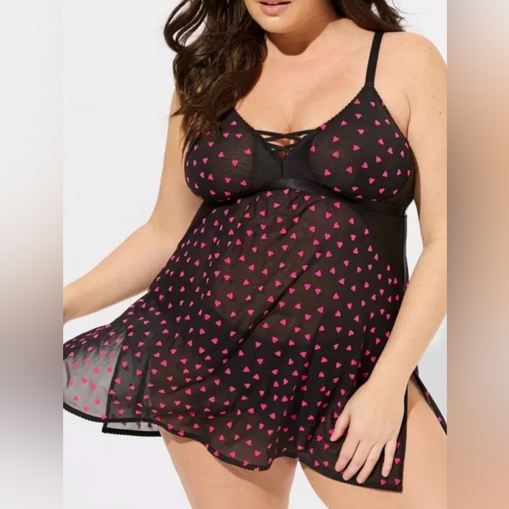 Torrid Black Mesh Pink Hearts Babydoll‎ Lingerie Size 4